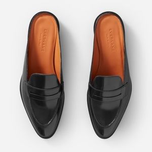 Everlane Black Patent Leather Mule Loafers with Orange Insole